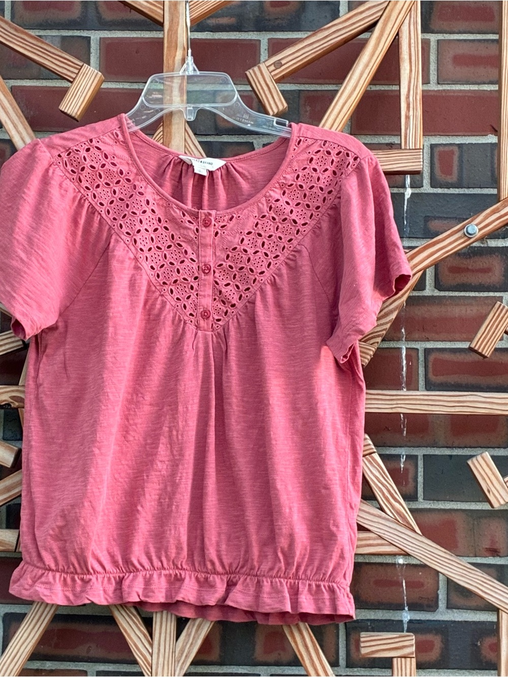Lucky Brand Rose Pink Eyelet Yoke Short Sleeve Tee